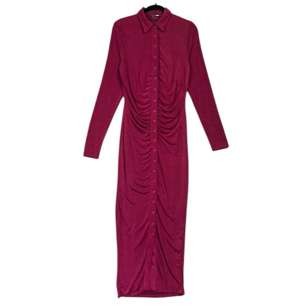 NEW Fashion Nova Silky Smooth Long Sleeve Slinky Dress Sz XL Burgundy Button Up